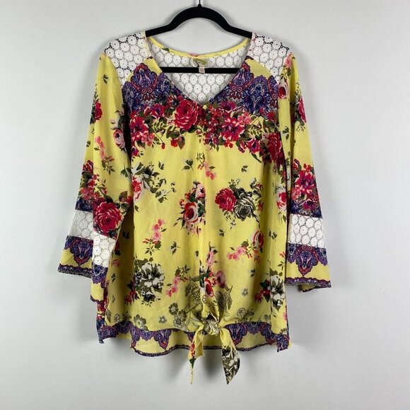 Fig and Flower Floral Popover Blouse Size 2X Yellow Lace Detail 3/4 Sleeves - Picture 1 of 11